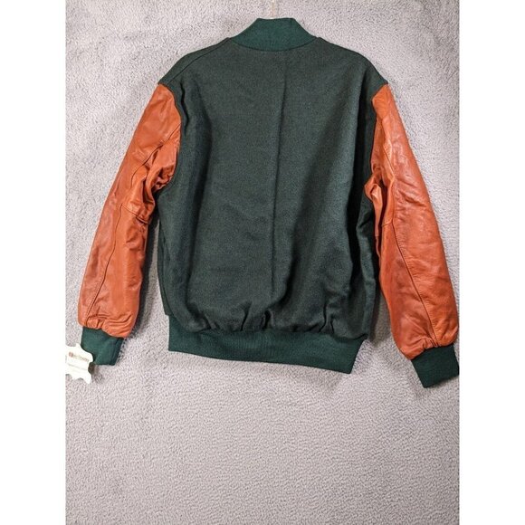Vintage Holloway College Jacket Large Letterman Varsity Wool Leather Green Brown - Picture 2 of 16
